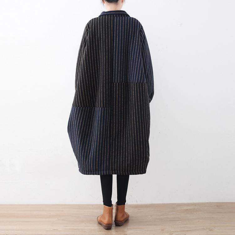 Blue Black Striped Down Coat Oversized Woolen Puffers Jackets Fine Patchwork Winter Outwear