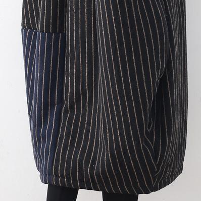 Blue Black Striped Down Coat Oversized Woolen Puffers Jackets Fine Patchwork Winter Outwear