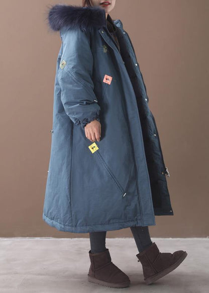 Blue Outwear Loose Fitting Hooded Thick Zippered Coats