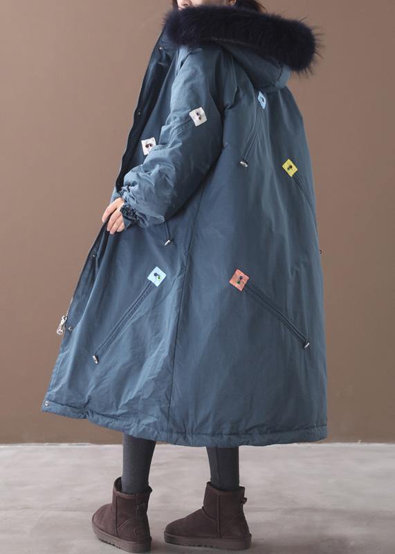 Blue Outwear Loose Fitting Hooded Thick Zippered Coats