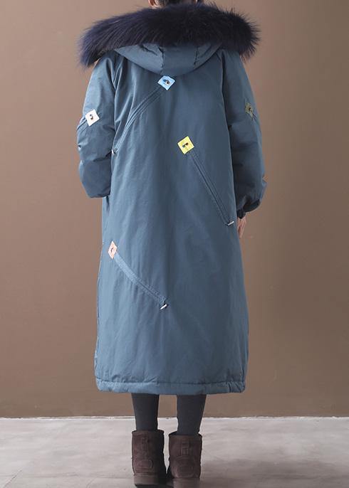 Blue Outwear Loose Fitting Hooded Thick Zippered Coats