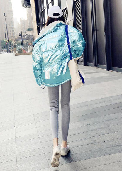 Blue Patchwork Coat Down Jacket Hooded Thick Winter Outwear