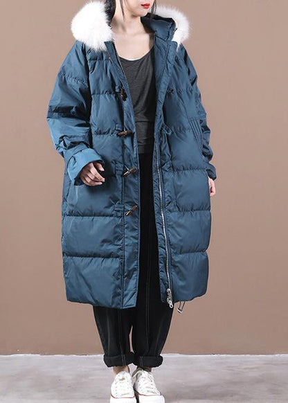 Blue Warm Winter Coat Pockets Snow Jackets Hooded Fur Collar Jackets