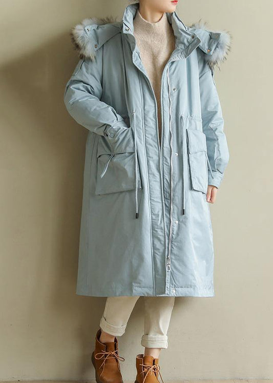 Blue Winter Parkas Warm Winter Coat Zippered Fur Collar Outwear