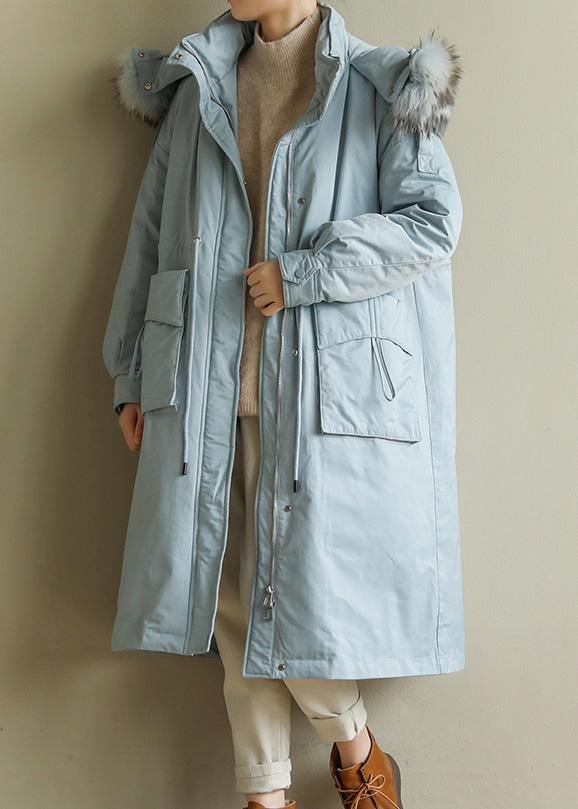 Blue Winter Parkas Warm Winter Coat Zippered Fur Collar Outwear