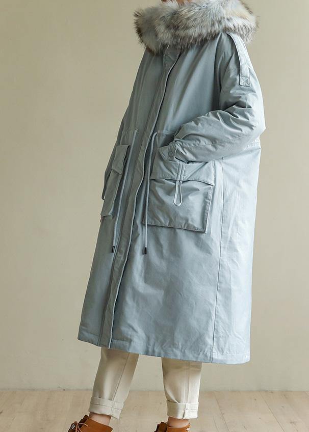 Blue Winter Parkas Warm Winter Coat Zippered Fur Collar Outwear