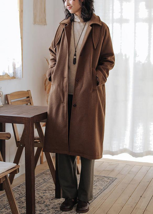 Brown Wool Coat for Woman Oversize Pockets Notched Coats