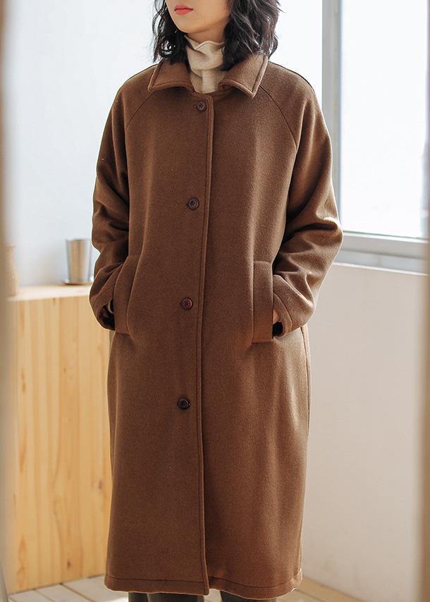 Brown Wool Coat for Woman Oversize Pockets Notched Coats