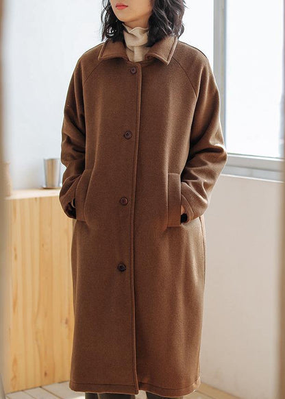 Brown Wool Coat for Woman Oversize Pockets Notched Coats