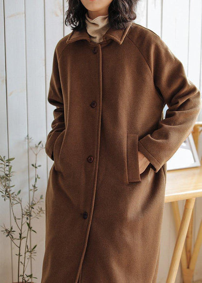 Brown Wool Coat for Woman Oversize Pockets Notched Coats