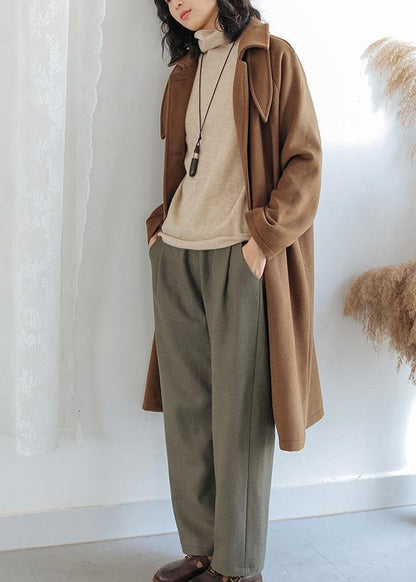 Brown Wool Coat for Woman Oversize Pockets Notched Coats