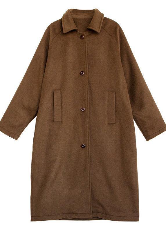 Brown Wool Coat for Woman Oversize Pockets Notched Coats