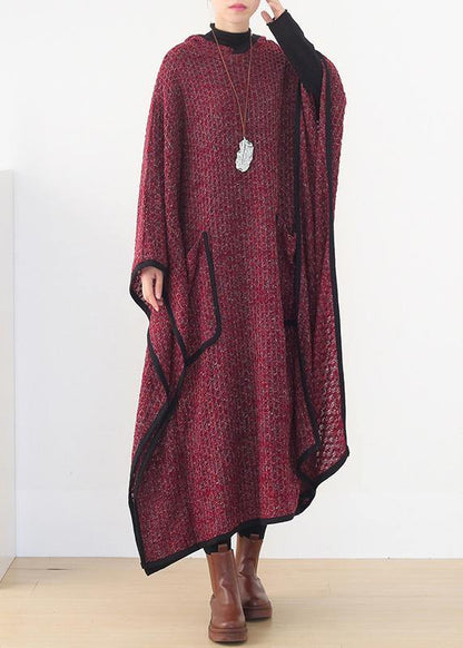 Burgundy Woolen Outwear Oversize Hooded Large Hem Long Outwear