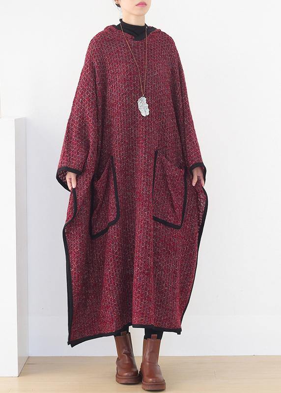 Burgundy Woolen Outwear Oversize Hooded Large Hem Long Outwear