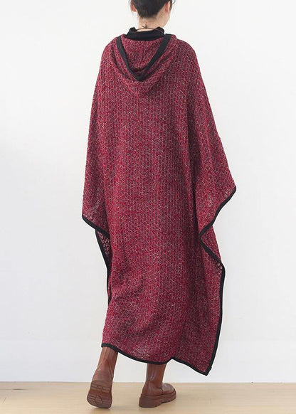 Burgundy Woolen Outwear Oversize Hooded Large Hem Long Outwear