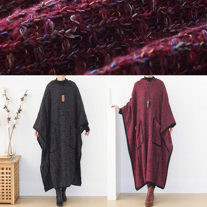 Burgundy Woolen Outwear Oversize Hooded Large Hem Long Outwear