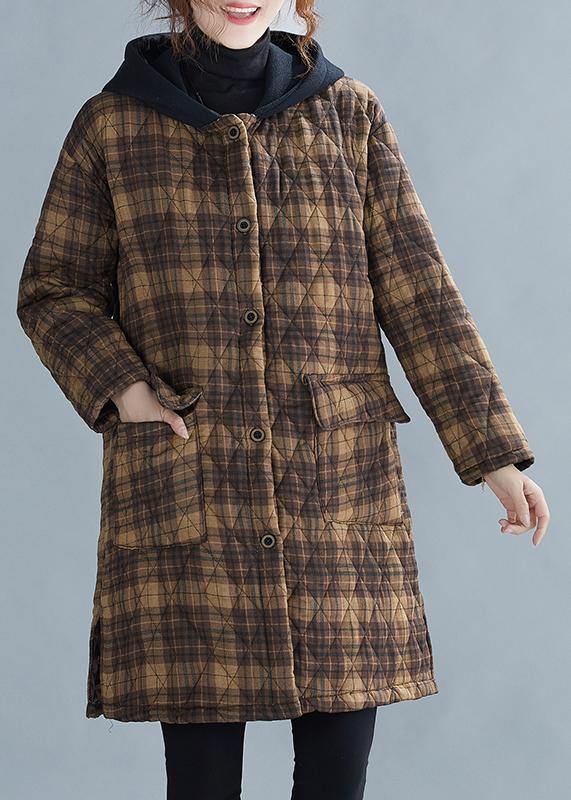 Warm Winter Coat Coats Yellow Plaid Hooded Pockets Coat