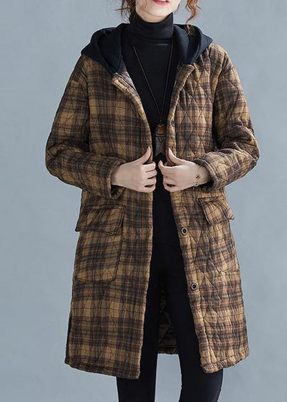 Warm Winter Coat Coats Yellow Plaid Hooded Pockets Coat