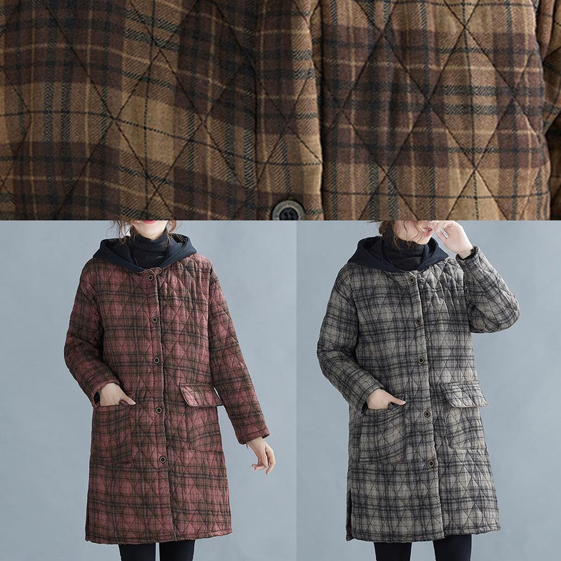 Warm Winter Coat Coats Yellow Plaid Hooded Pockets Coat