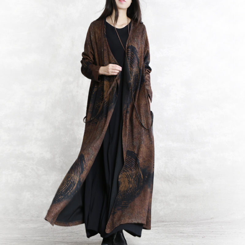 Chocolate Print Winter Coat V Neck Asymmetrical Design Coats Long Sleeve Two Ways to Wear Coats