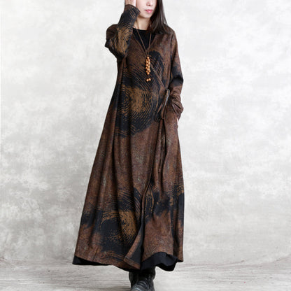 Chocolate Print Winter Coat V Neck Asymmetrical Design Coats Long Sleeve Two Ways to Wear Coats