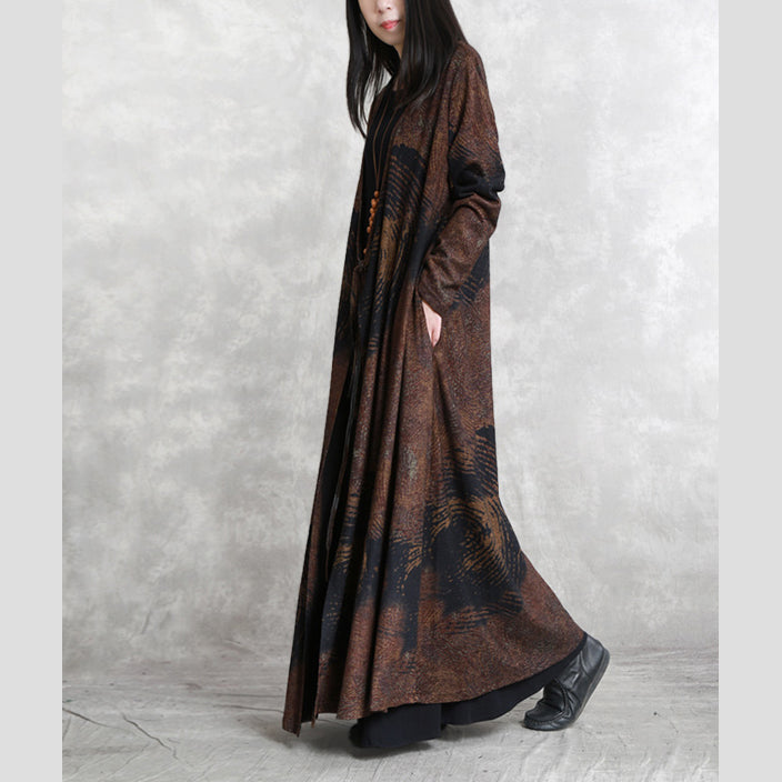 Chocolate Print Winter Coat V Neck Asymmetrical Design Coats Long Sleeve Two Ways to Wear Coats