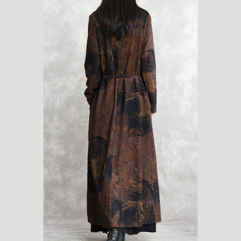 Chocolate Print Winter Coat V Neck Asymmetrical Design Coats Long Sleeve Two Ways to Wear Coats