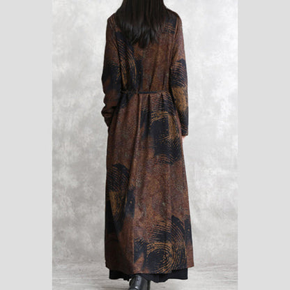 Chocolate Print Winter Coat V Neck Asymmetrical Design Coats Long Sleeve Two Ways to Wear Coats