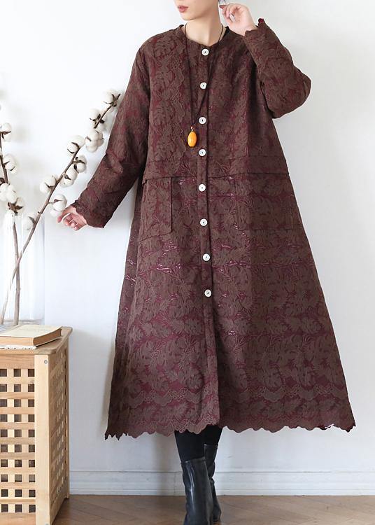 Chocolate Coats Oversize Warm Winter Coat O Neck Jacquard Outwear