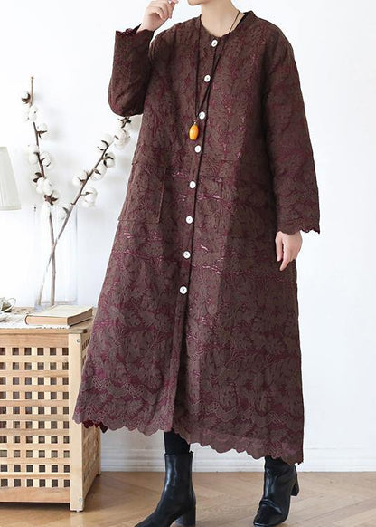 Chocolate Coats Oversize Warm Winter Coat O Neck Jacquard Outwear