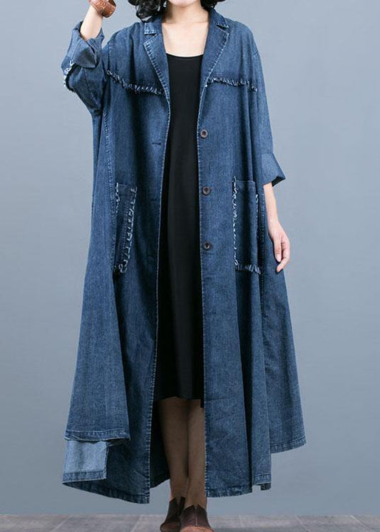 Denim Blue Coat Oversize Fall Coat Notched Large Pockets Coats