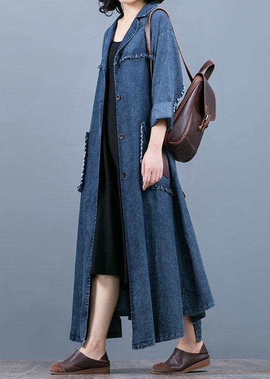Denim Blue Coat Oversize Fall Coat Notched Large Pockets Coats