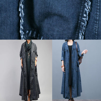 Denim Blue Coat Oversize Fall Coat Notched Large Pockets Coats