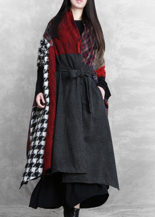 Woolen Coat Loose Fitting V Neck Patchwork Tie Waist Maxi Coat
