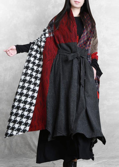 Woolen Coat Loose Fitting V Neck Patchwork Tie Waist Maxi Coat