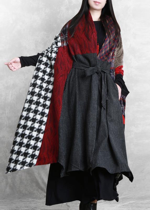 Woolen Coat Loose Fitting V Neck Patchwork Tie Waist Maxi Coat