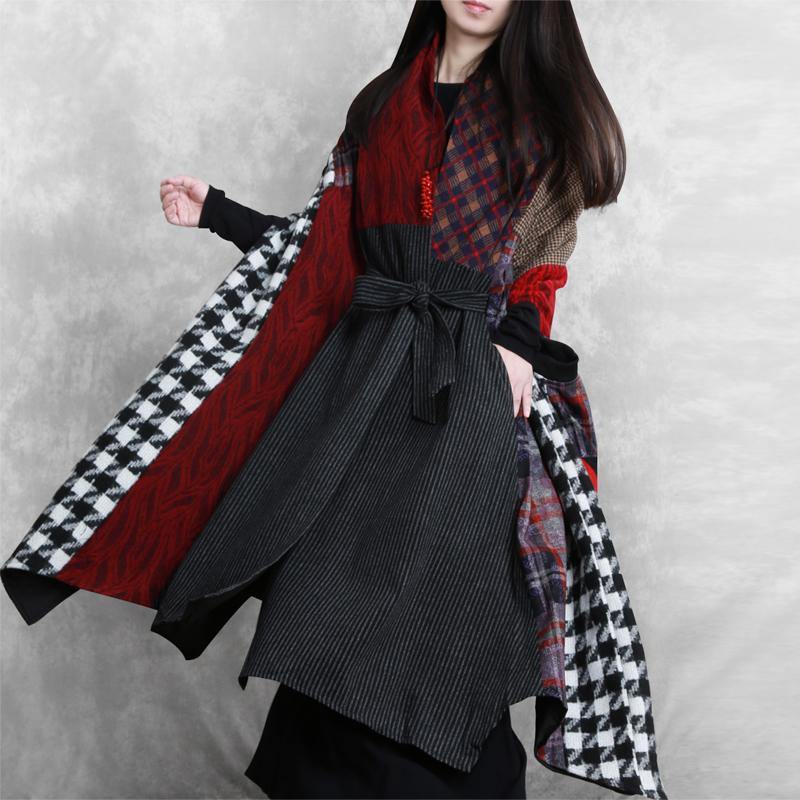 Woolen Coat Loose Fitting V Neck Patchwork Tie Waist Maxi Coat