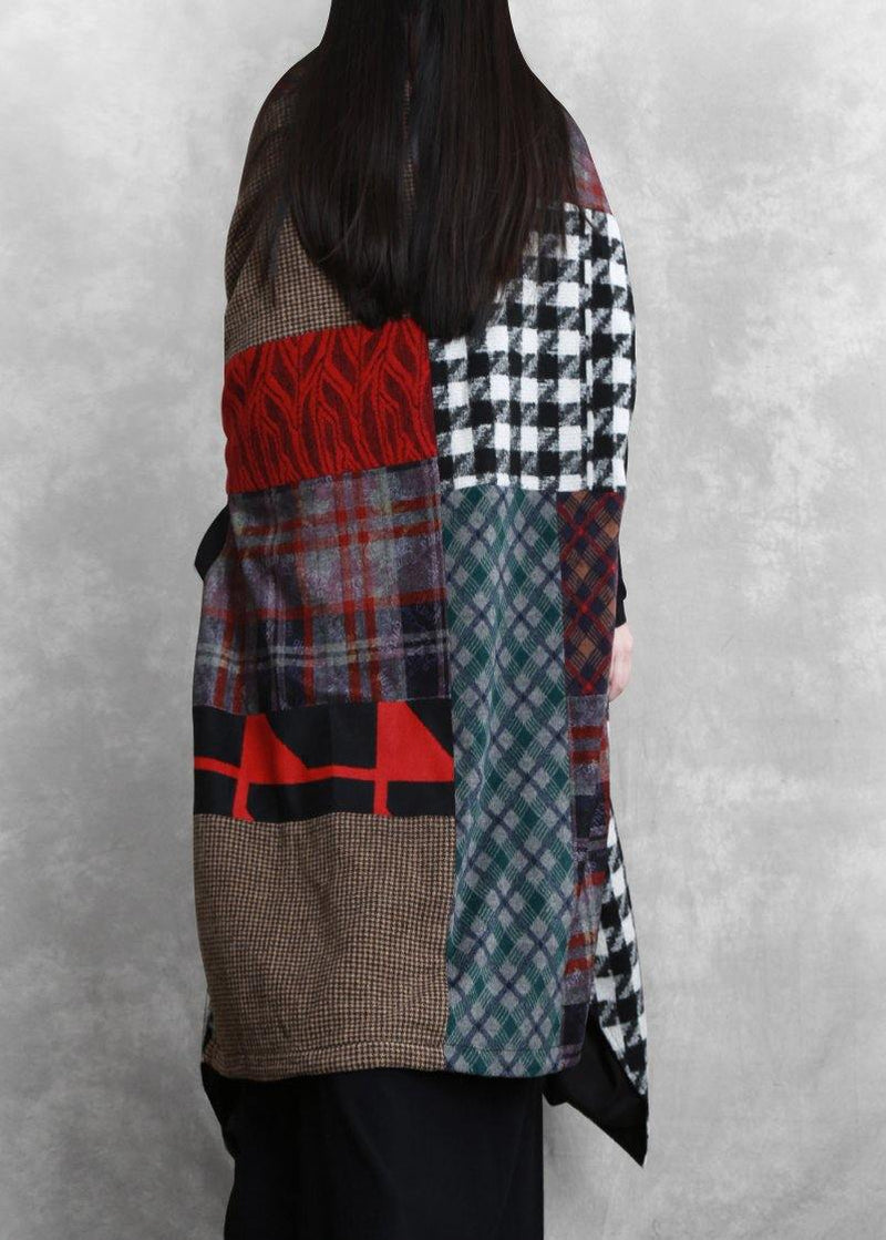 Woolen Coat Loose Fitting V Neck Patchwork Tie Waist Maxi Coat