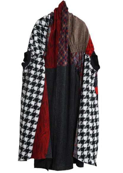 Woolen Coat Loose Fitting V Neck Patchwork Tie Waist Maxi Coat