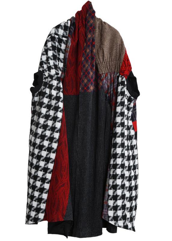 Woolen Coat Loose Fitting V Neck Patchwork Tie Waist Maxi Coat