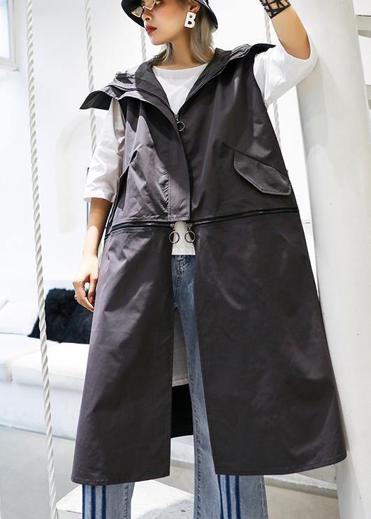 Gray Coats Coats Sleeveless Hooded Zippered Outwear