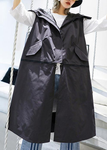 Gray Coats Coats Sleeveless Hooded Zippered Outwear
