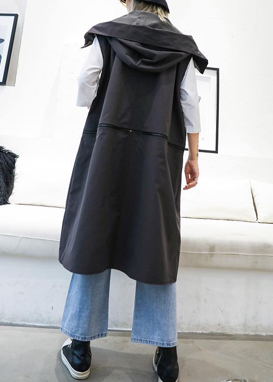 Gray Coats Coats Sleeveless Hooded Zippered Outwear