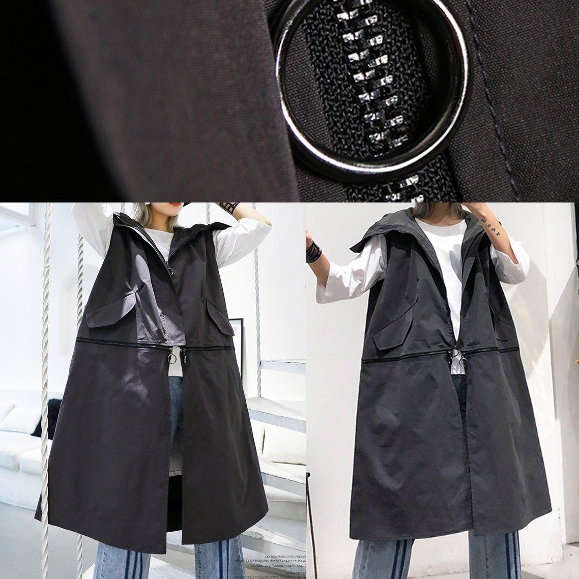 Gray Coats Coats Sleeveless Hooded Zippered Outwear