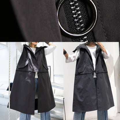 Gray Coats Coats Sleeveless Hooded Zippered Outwear