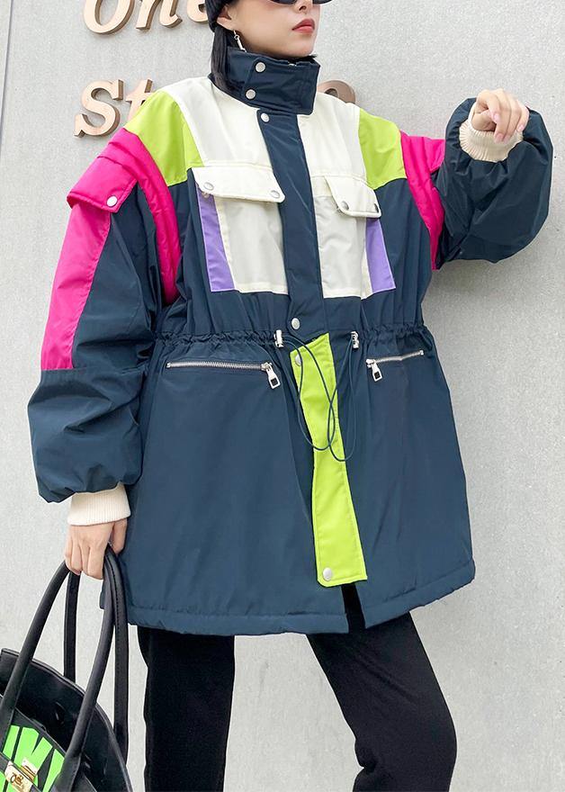 Gray Blue Coats Clothing Jacket Stand Collar Patchwork Overcoat