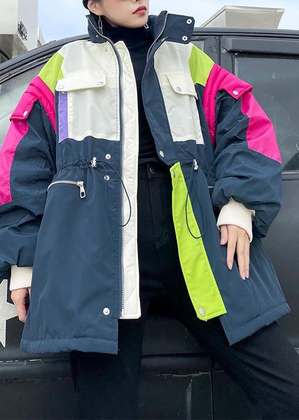 Gray Blue Coats Clothing Jacket Stand Collar Patchwork Overcoat