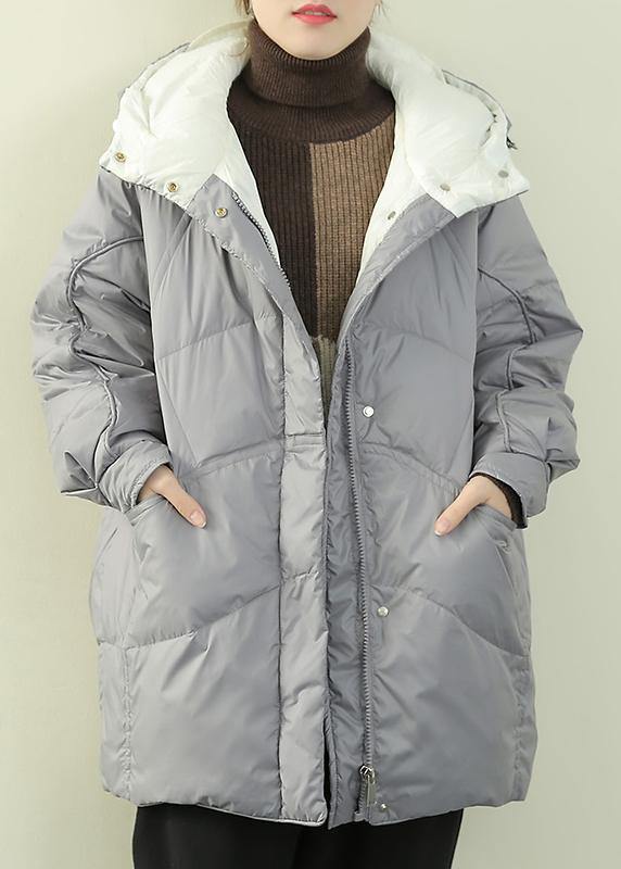 Gray Blue Duck Down Coat Winter Jacket Hooded Zippered Coats