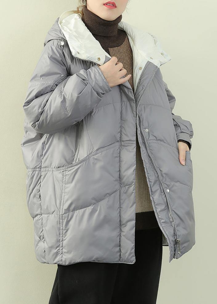 Gray Blue Duck Down Coat Winter Jacket Hooded Zippered Coats