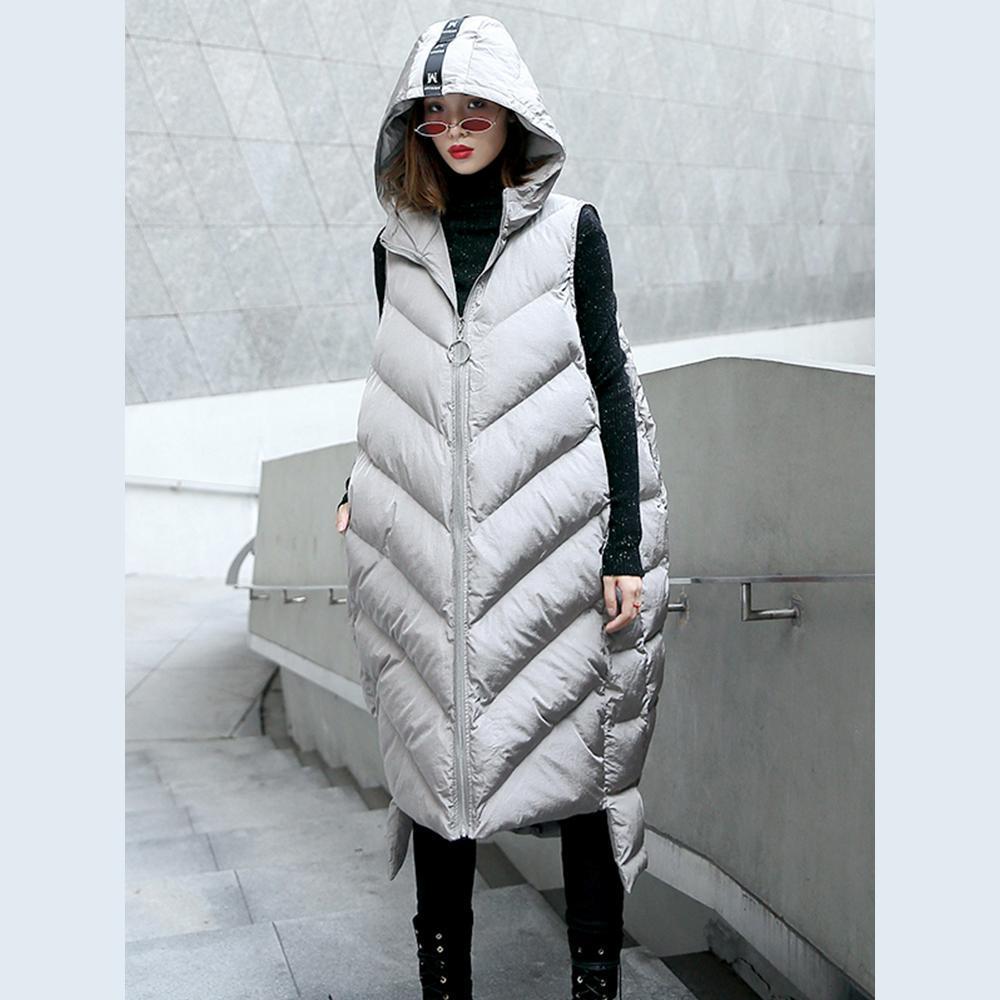 Gray Down Jacket Hooded Zippered Quilted Coat Sleeveless Outwear